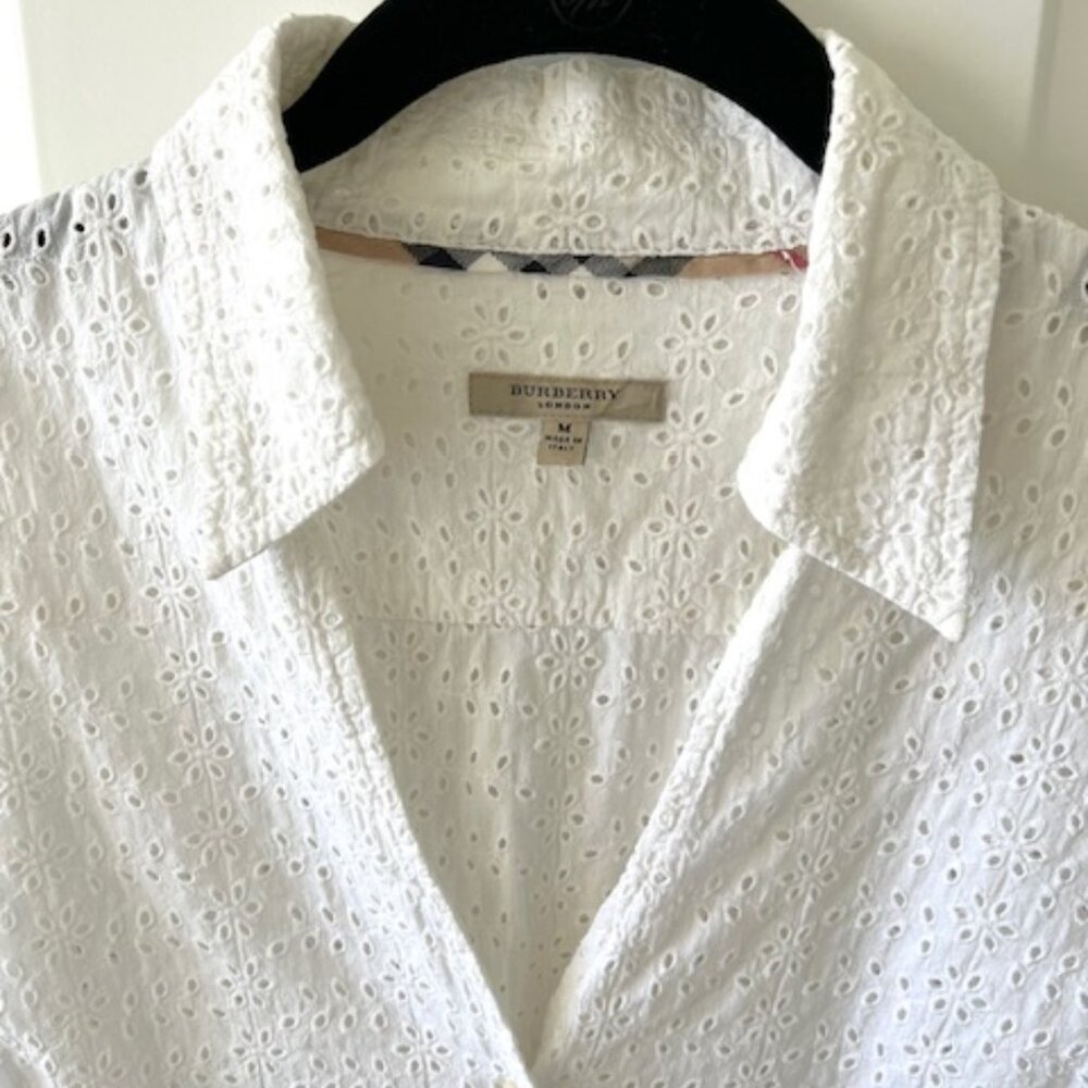 Burberry White Eyelet V-Neck Blouse
